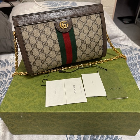 GUCCI Ophidia GG帆布印花皮革飾邊磁釦鍊條肩背包