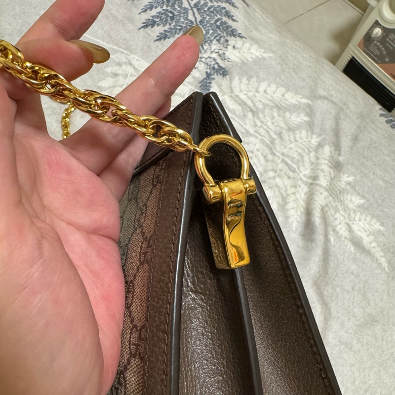GUCCI Ophidia GG帆布印花皮革飾邊磁釦鍊條肩背包-1