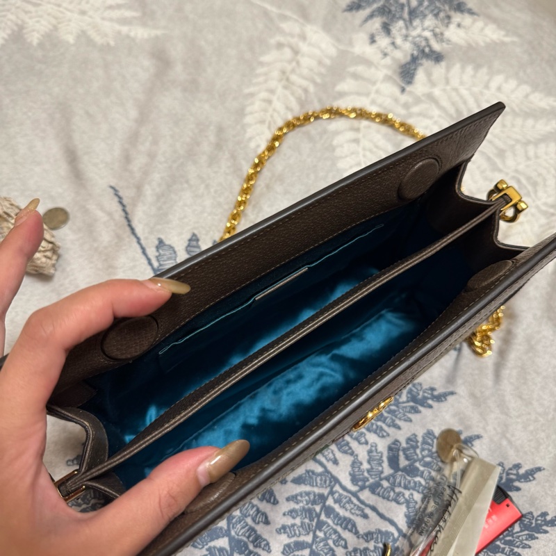 GUCCI Ophidia GG帆布印花皮革飾邊磁釦鍊條肩背包-3