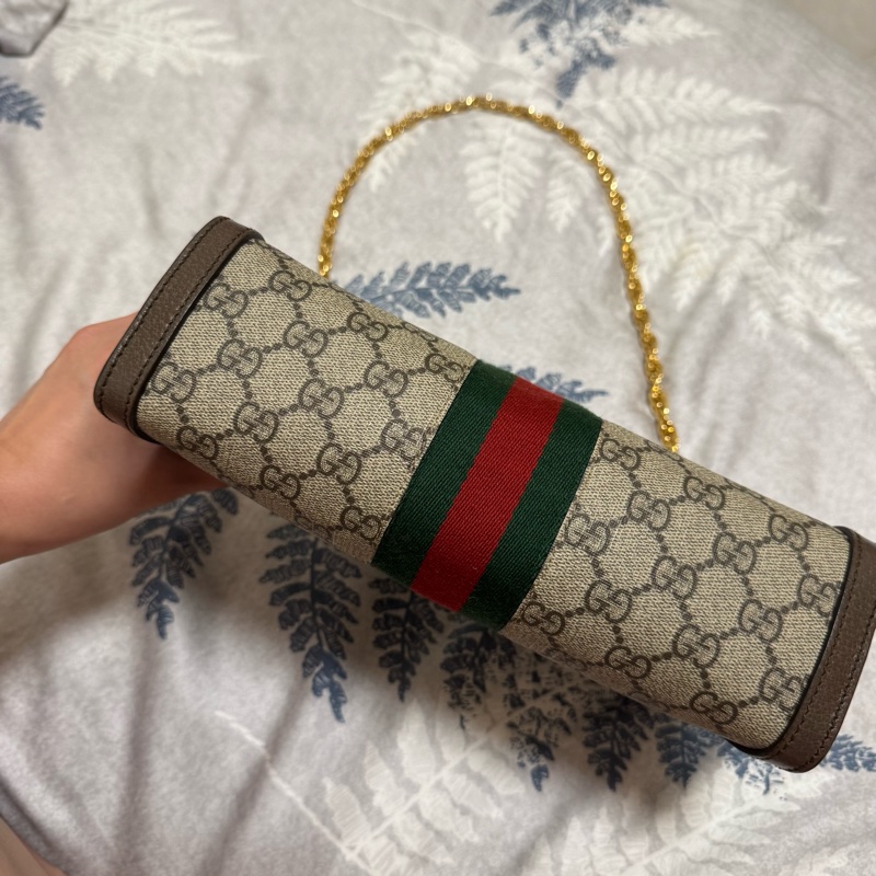 GUCCI Ophidia GG帆布印花皮革飾邊磁釦鍊條肩背包-4