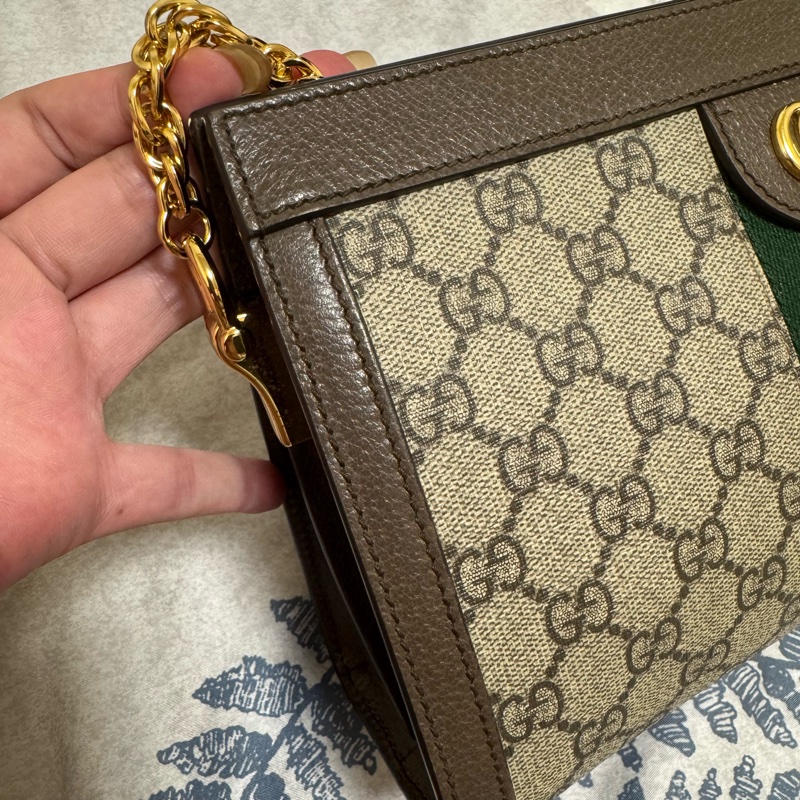 GUCCI Ophidia GG帆布印花皮革飾邊磁釦鍊條肩背包-5