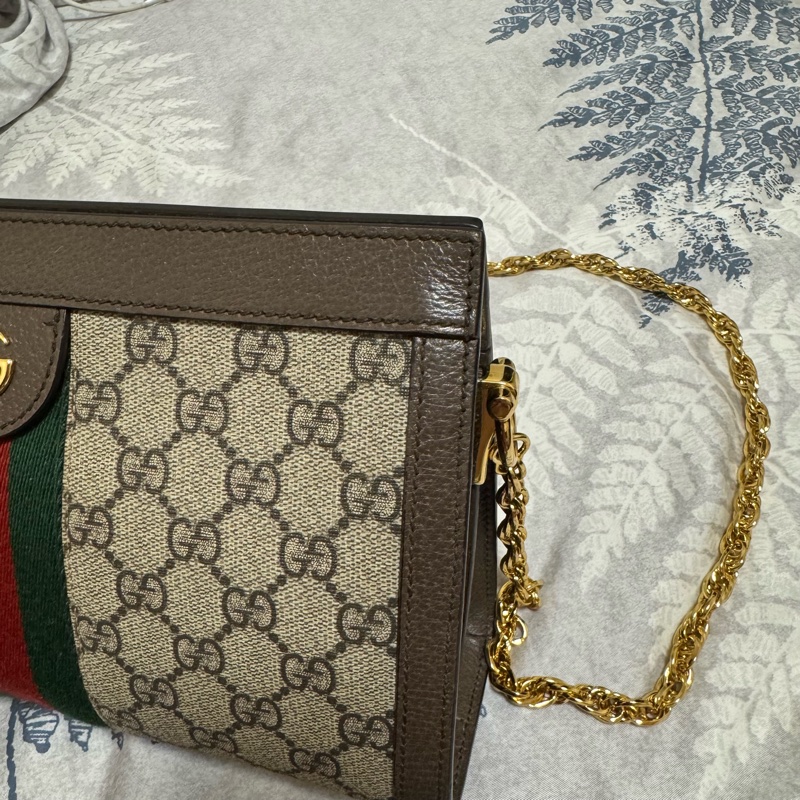 GUCCI Ophidia GG帆布印花皮革飾邊磁釦鍊條肩背包-6