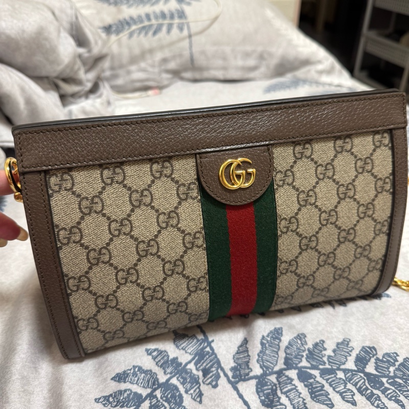 GUCCI Ophidia GG帆布印花皮革飾邊磁釦鍊條肩背包-8