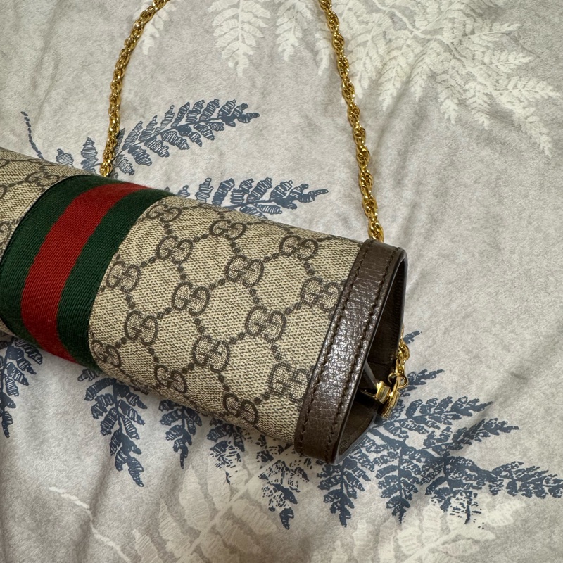 GUCCI Ophidia GG帆布印花皮革飾邊磁釦鍊條肩背包-9