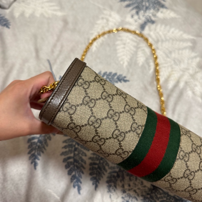 GUCCI Ophidia GG帆布印花皮革飾邊磁釦鍊條肩背包-10