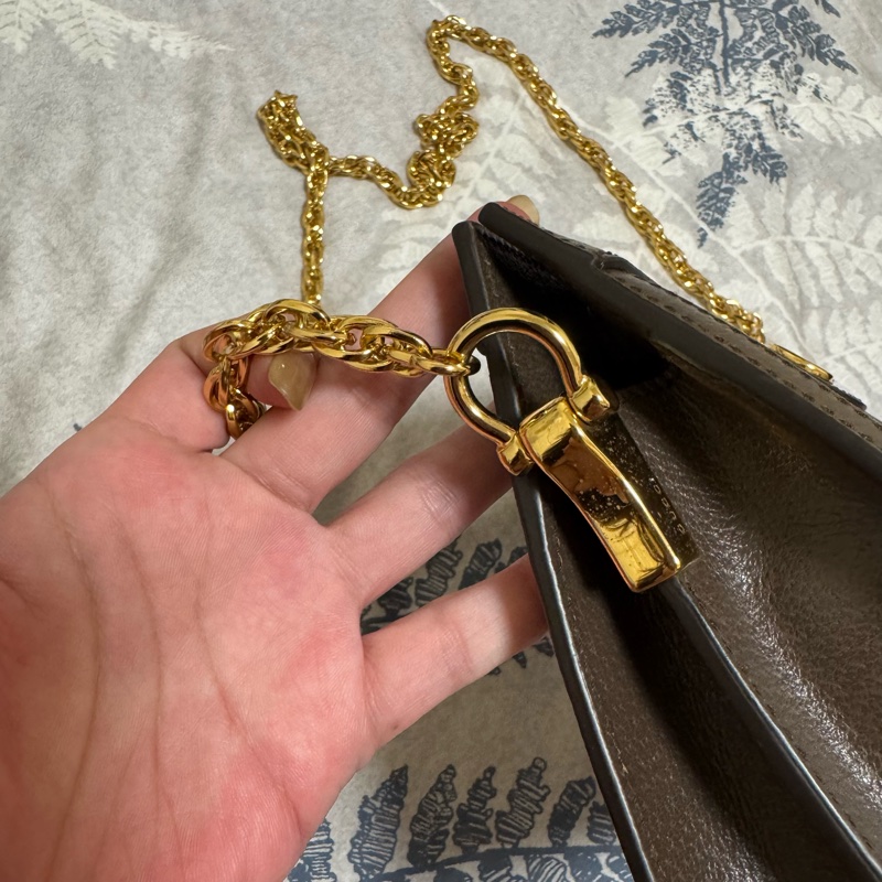GUCCI Ophidia GG帆布印花皮革飾邊磁釦鍊條肩背包-12