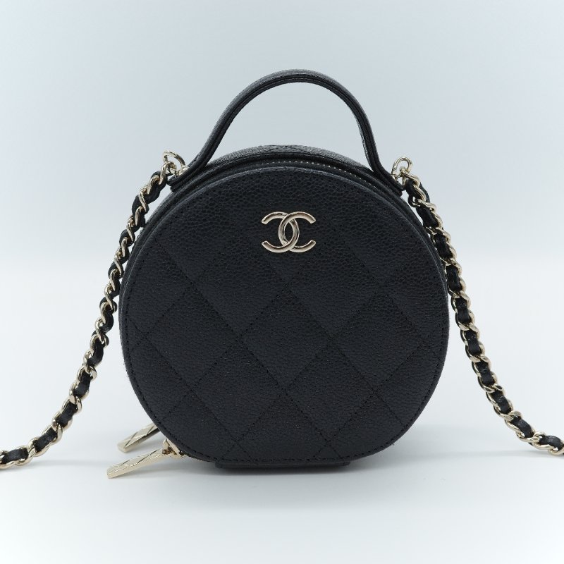 Chanel 香奈兒 經典菱格紋 黑色 荔枝牛皮 迷你圓形化妝包-1