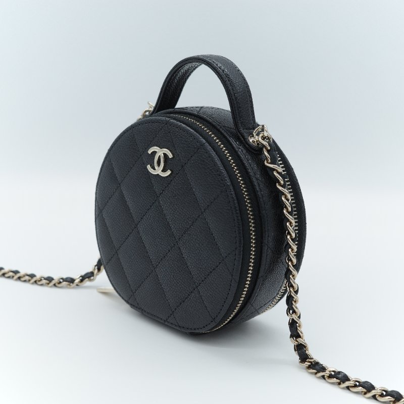 Chanel 香奈兒 經典菱格紋 黑色 荔枝牛皮 迷你圓形化妝包-3