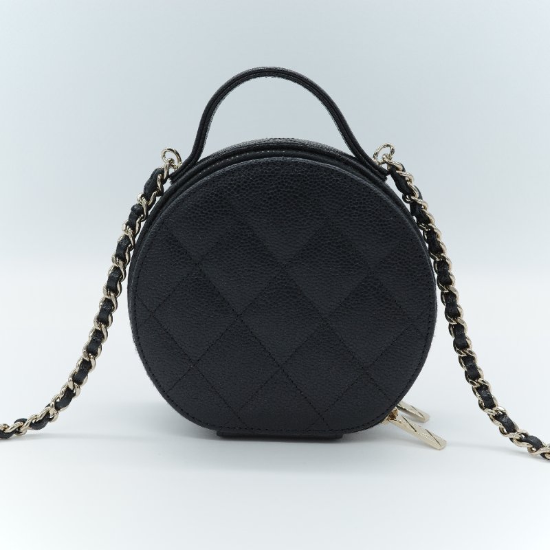 Chanel 香奈兒 經典菱格紋 黑色 荔枝牛皮 迷你圓形化妝包-4