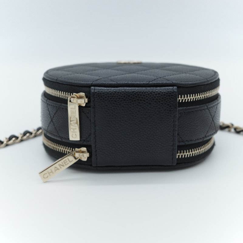 Chanel 香奈兒 經典菱格紋 黑色 荔枝牛皮 迷你圓形化妝包-5