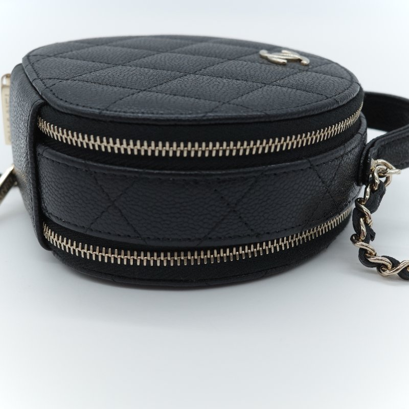 Chanel 香奈兒 經典菱格紋 黑色 荔枝牛皮 迷你圓形化妝包-8