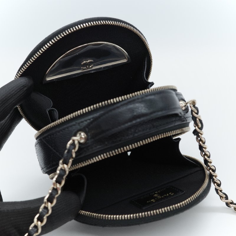 Chanel 香奈兒 經典菱格紋 黑色 荔枝牛皮 迷你圓形化妝包-11