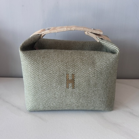 Hermes 愛馬仕 新款Bride a brac  綠色編織手柄帆布便當包 化妝包 洗漱包 大號