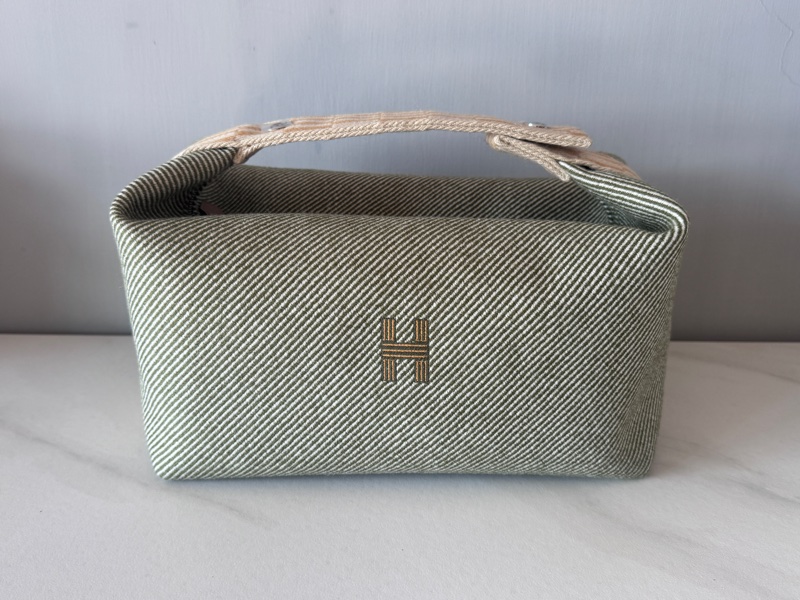 Hermes 愛馬仕 新款Bride a brac 綠色編織手柄帆布 餐盒包 便當包 化妝包 洗漱包 大號-0
