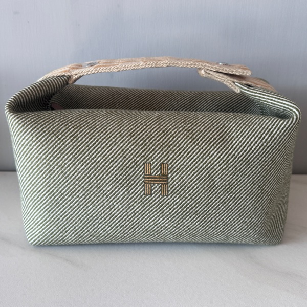 Hermes 愛馬仕 新款Bride a brac 綠色編織手柄帆布 餐盒包 便當包 化妝包 洗漱包 大號-5