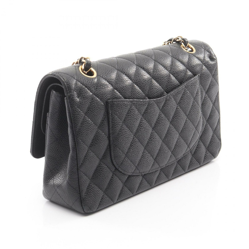 香奈兒 (CHANEL) Matelasse W 翻蓋肩背包,粒面小牛皮,黑色,二手,女士,金色五金-1