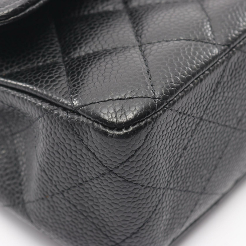 香奈兒 (CHANEL) Matelasse W 翻蓋肩背包,粒面小牛皮,黑色,二手,女士,金色五金-6