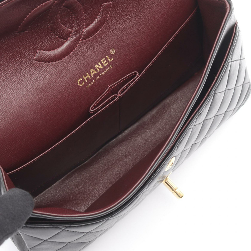 香奈兒 (CHANEL) Matelasse W 翻蓋鏈條單肩背包,羊皮材質,黑色,二手,金色五金,CC-2