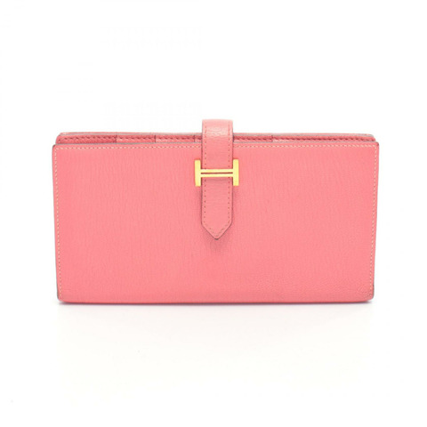 愛馬仕 Bearn Soufflet 雙折皮夾，山羊皮，玫瑰玫瑰色，二手 A