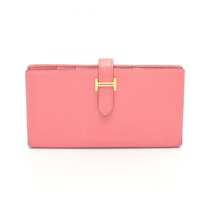 愛馬仕 Bearn Soufflet 雙折皮夾,山羊皮,玫瑰玫瑰色,二手 A-0
