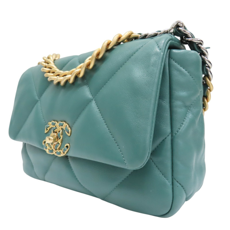 綠色 菱格紋 羊皮 Chanel 19 肩背包 金釦【CHANEL 香奈兒】 AS1160-2