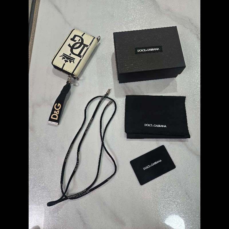 DOLCE & GABBANA掛繩錢包皇冠標誌 D&G 標誌頸帶 黑白條紋 粒面牛皮Dauphine錢包-0
