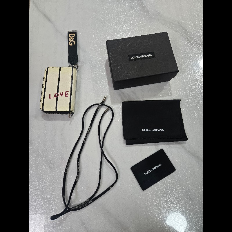 DOLCE & GABBANA掛繩錢包皇冠標誌 D&G 標誌頸帶 黑白條紋 粒面牛皮Dauphine錢包-1