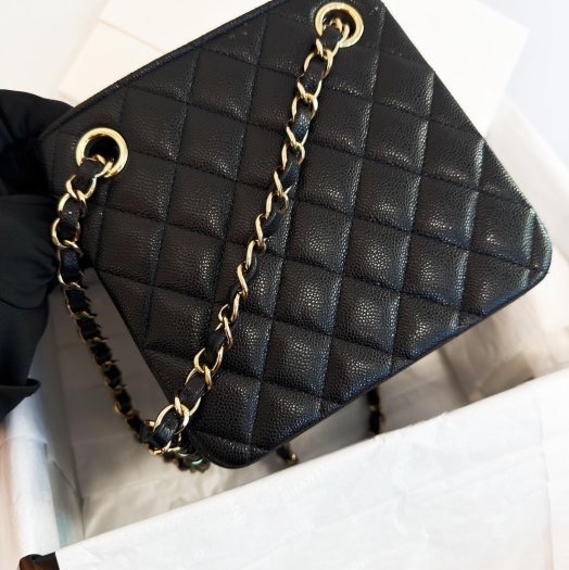 全新CHANEL 25C黑色荔枝金皮穿鏈豆腐包mini tote桶包AS3176-1