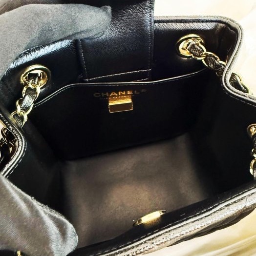 全新CHANEL 25C黑色荔枝金皮穿鏈豆腐包mini tote桶包AS3176-4