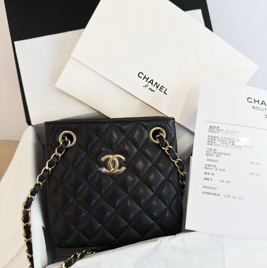 全新CHANEL 25C黑色荔枝金皮穿鏈豆腐包mini tote桶包AS3176-9
