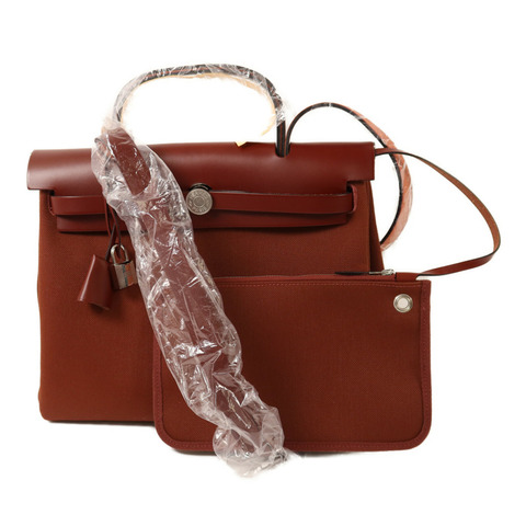 HERMES 帆布Herbag PM銀扣手挽肩背兩用袋Rouge H
