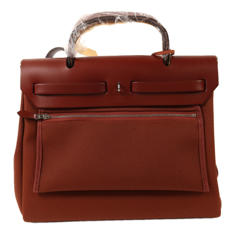 HERMES 帆布Herbag PM銀扣手挽肩背兩用袋Rouge H-1