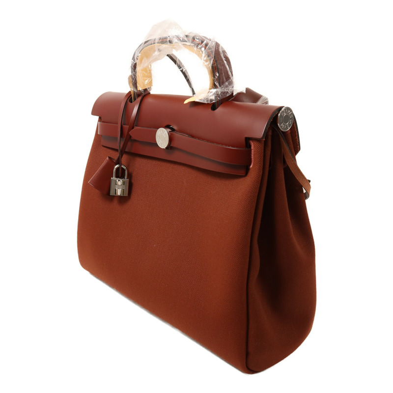 HERMES 帆布Herbag PM銀扣手挽肩背兩用袋Rouge H-2