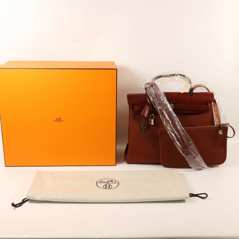 HERMES 帆布Herbag PM銀扣手挽肩背兩用袋Rouge H-9