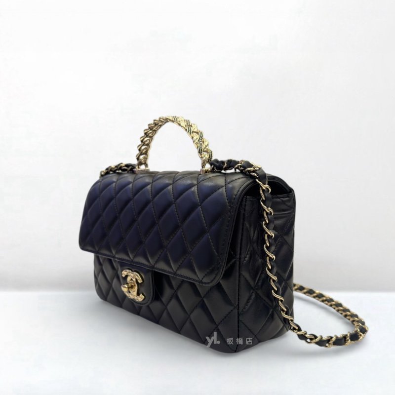 S5309-CHANEL 黑羊皮金釦水鑽手把口蓋包AS4925-4