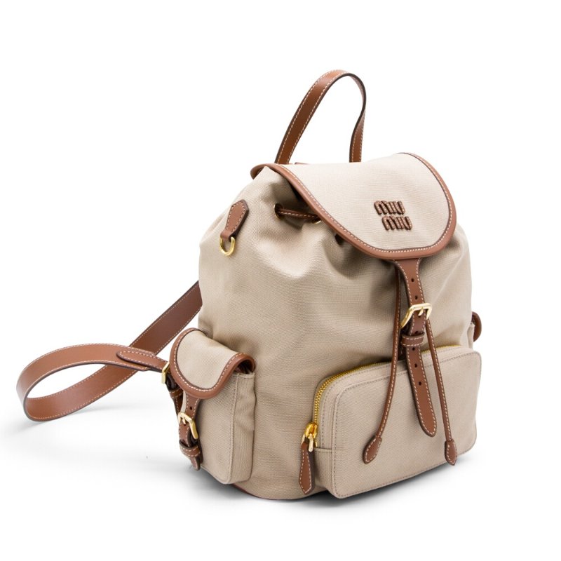 【MIU MIU】Backpack 大號 帆布 皮革 肩背包 後背包 帆船繩米色 白蘭地色 5BZ042-1