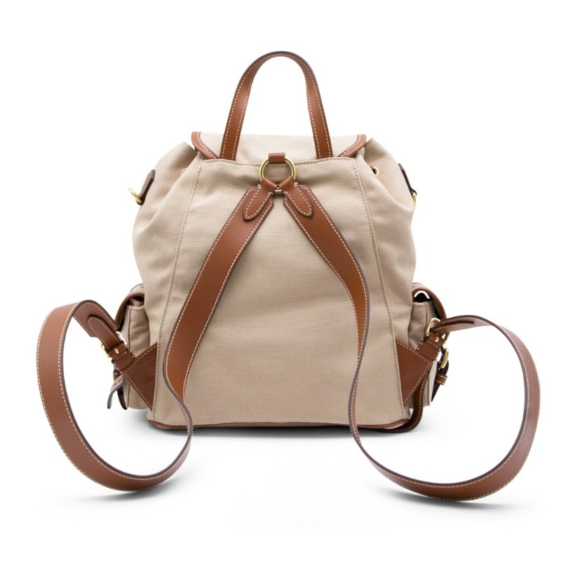 【MIU MIU】Backpack 大號 帆布 皮革 肩背包 後背包 帆船繩米色 白蘭地色 5BZ042-3