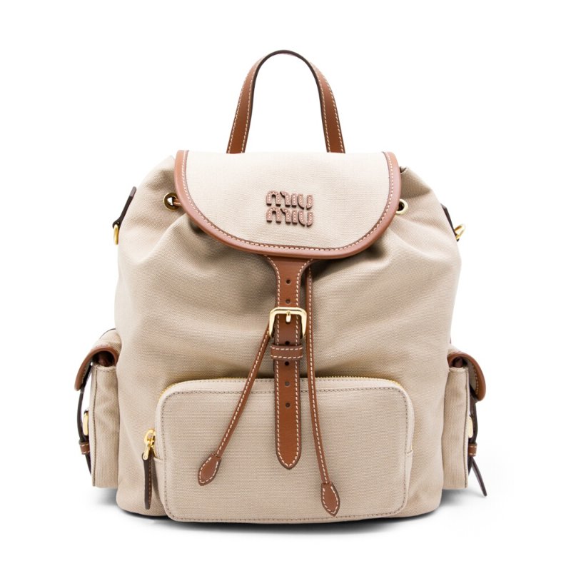 【MIU MIU】Backpack 大號 帆布 皮革 肩背包 後背包 帆船繩米色 白蘭地色 5BZ042-4