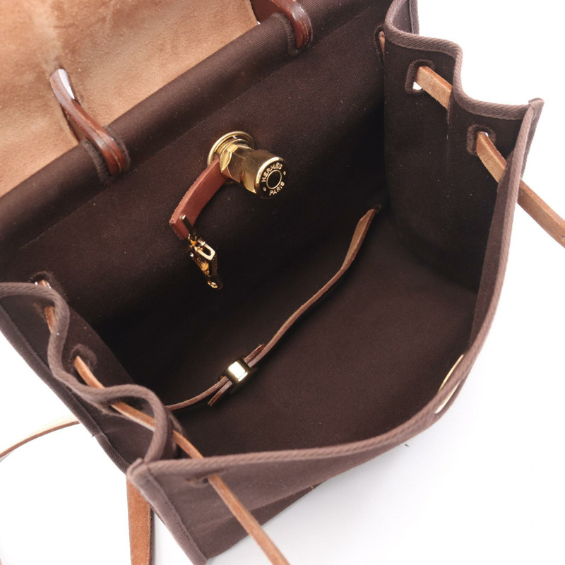 愛馬仕 Herbag A Dos PM 雙肩包，帆布皮革，棕色，金色五金，二手-2