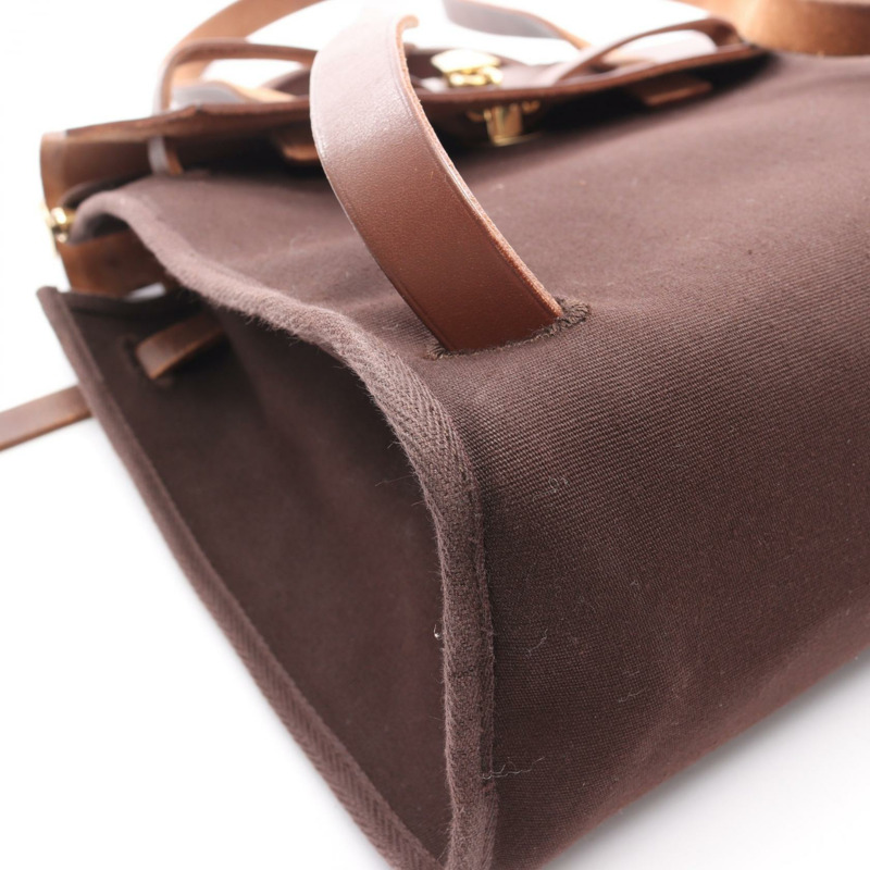 愛馬仕 Herbag A Dos PM 雙肩包，帆布皮革，棕色，金色五金，二手-5