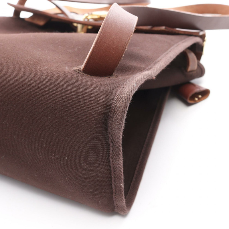 愛馬仕 Herbag A Dos PM 雙肩包，帆布皮革，棕色，金色五金，二手-6