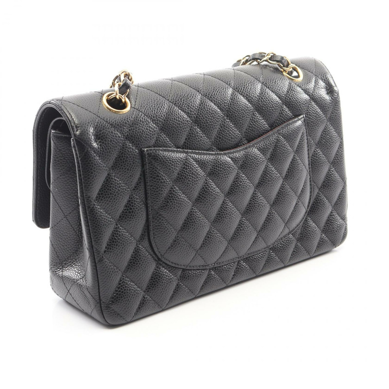 香奈兒 (CHANEL) Matelasse W 翻蓋鏈條單肩背包,粒面小牛皮,黑色,二手,金色五金-1