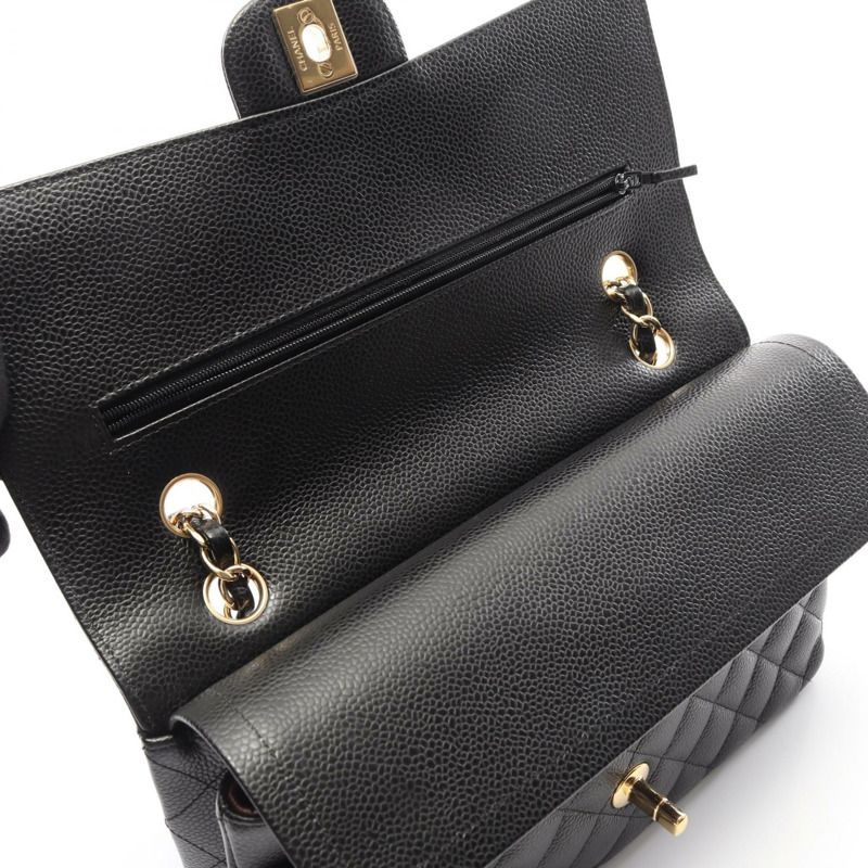 香奈兒 (CHANEL) Matelasse W 翻蓋鏈條單肩背包,粒面小牛皮,黑色,二手,金色五金-5