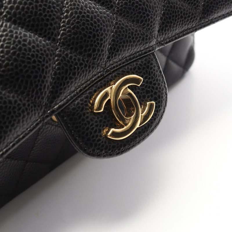香奈兒 (CHANEL) Matelasse W 翻蓋鏈條單肩背包,粒面小牛皮,黑色,二手,金色五金-7