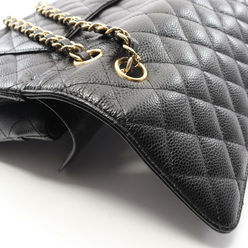 香奈兒 (CHANEL) Matelasse W 翻蓋鏈條單肩背包,粒面小牛皮,黑色,二手,金色五金-9