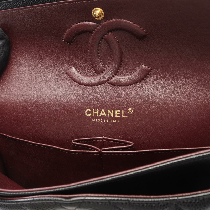 香奈兒 (CHANEL) Matelasse W 翻蓋鏈條單肩背包,粒面小牛皮,黑色,二手,金色五金-10