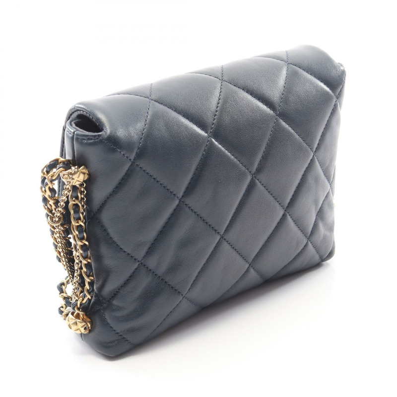 香奈兒 19 dix-neuf 絎縫鏈條肩背包 羊皮 海軍藍 二手 金色五金-1