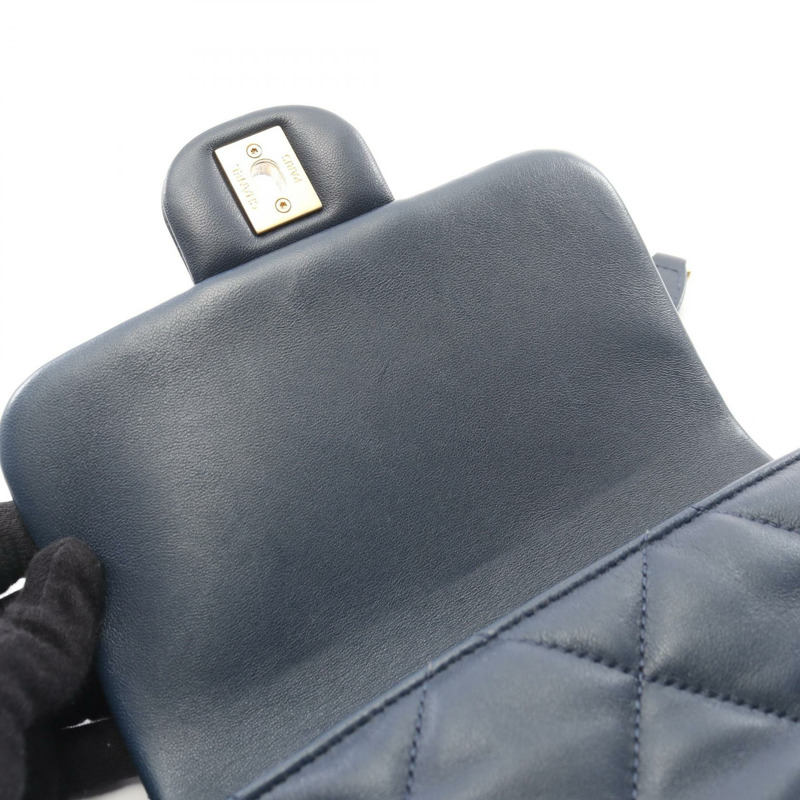 香奈兒 19 dix-neuf 絎縫鏈條肩背包 羊皮 海軍藍 二手 金色五金-5