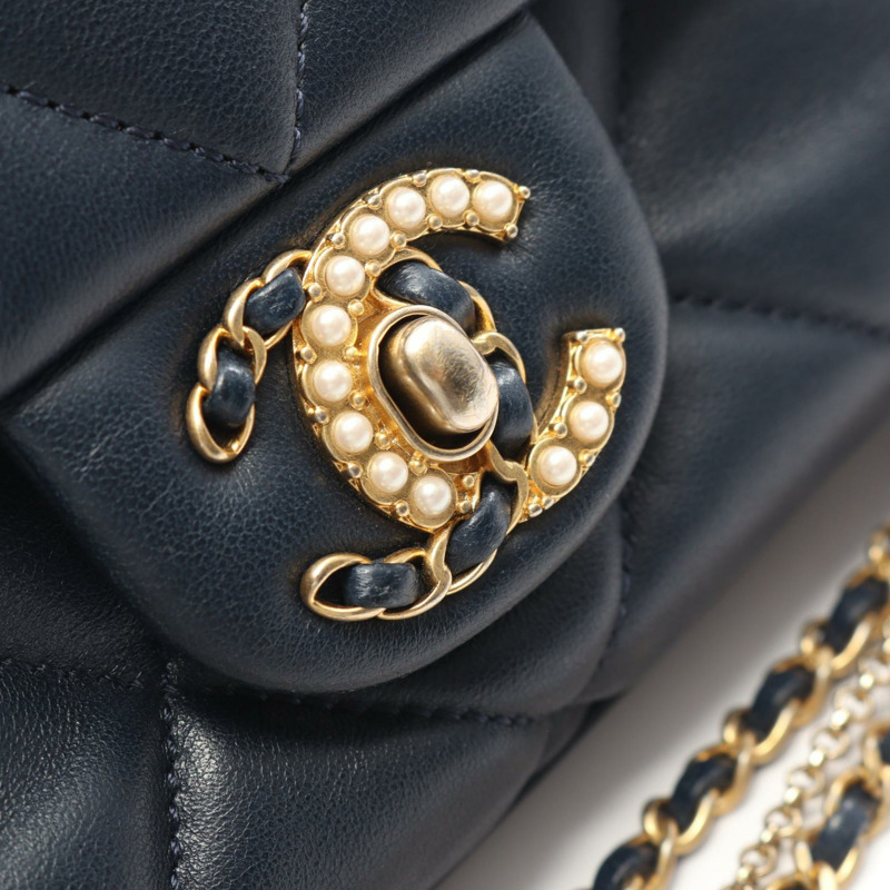 香奈兒 19 dix-neuf 絎縫鏈條肩背包 羊皮 海軍藍 二手 金色五金-10