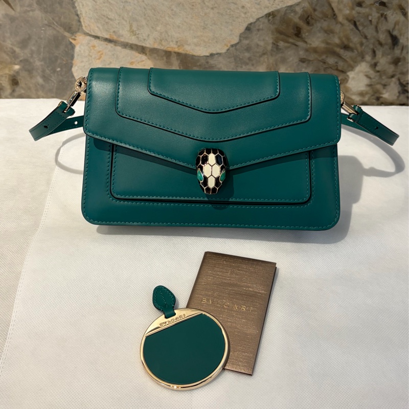 BVLGARI祖母綠牛皮蛇頭橫式斜背包-0